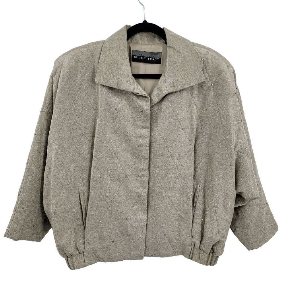 Vintage 80's Linda Allard Jacket‎ Linen Formal Quilted Metallic Gold Bomber S